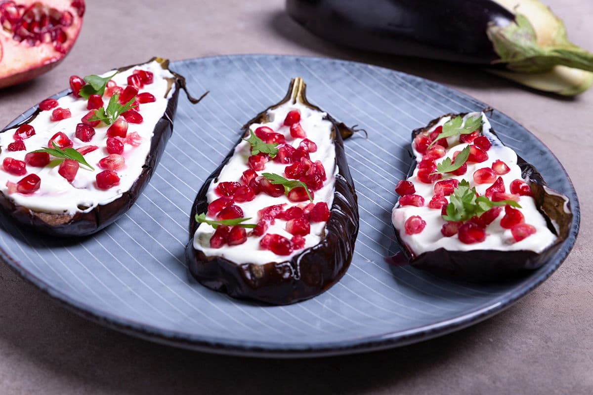 Deliciously healthy! Oven-baked eggplant with pomegranate.